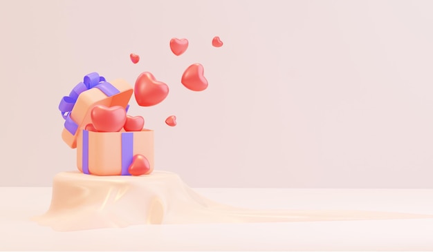 Eine offene Geschenkbox in Pastellfarben voller Herzen auf dem Podium Romantischer Hintergrund 3D-Rendering