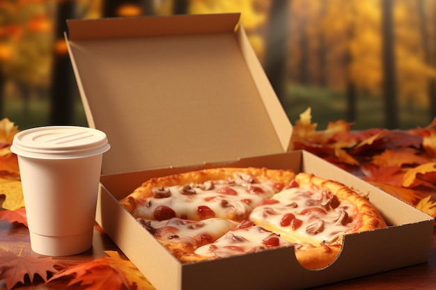 eine offene Kiste mit Pizza und ein weißes Glas Kaffee vor dem Hintergrund einer Herbstlandschaft mit