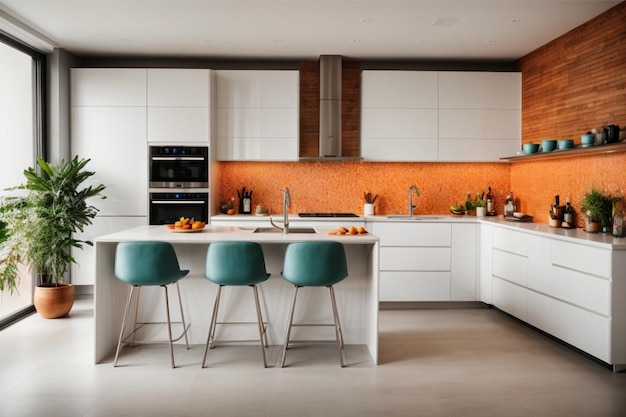 Eine offene Küche mit einem minimalistischen Ansatz mit schlanken weißen Schränken