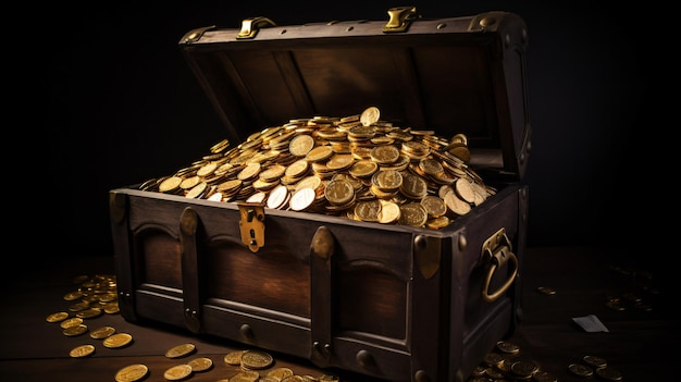 Eine offene Truhe voller Goldmünzen auf schwarzem Hintergrund