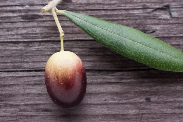 Eine Olive auf dem Holztisch