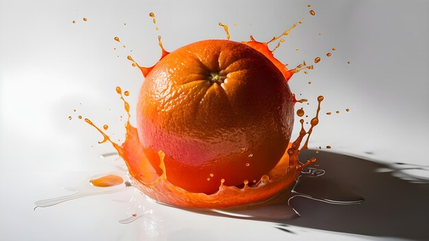 eine Orange, die mit Orangensaft besprüht wird, und das Wort "Kürbis" darauf