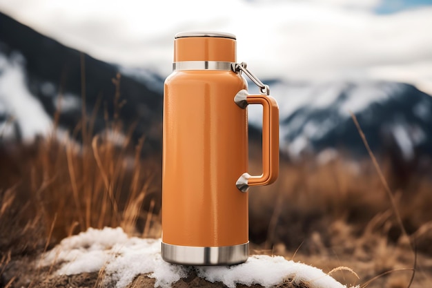 Eine orange Isolierflasche mit einem Berg im Hintergrund.