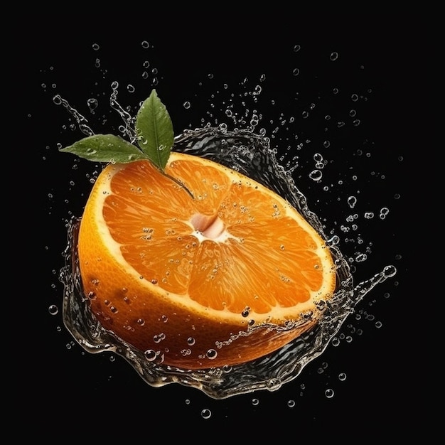 Eine Orange ist in einem Wasserspritzer mit einem Blatt darauf