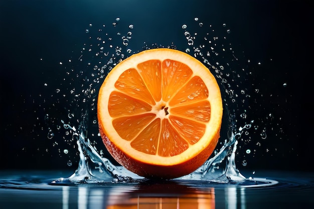 Eine Orange liegt im Wasser und wird mit Wasser bespritzt.