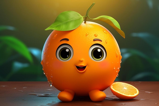 Eine Orange mit einem Smiley und ein halbes Gesicht mit einem grünen Blatt.