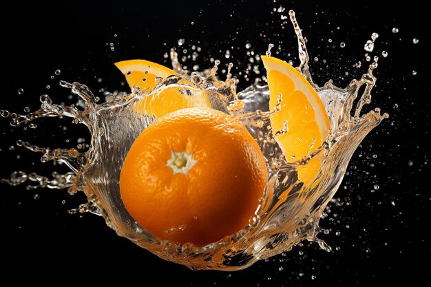 Eine Orange mit einem Spritz Orangensaft