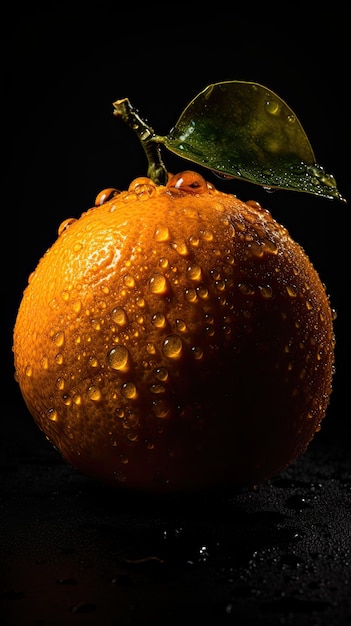 Eine Orange mit Wassertropfen darauf