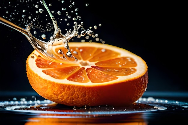 Eine Orange mit Wassertropfen darauf