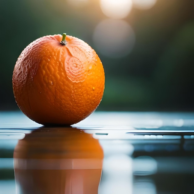 Eine Orange sitzt auf einem Glastisch, die Sonne dahinter