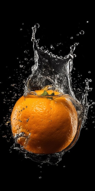 Eine Orange spritzt in eine mit Wasser gefüllte Schüssel.