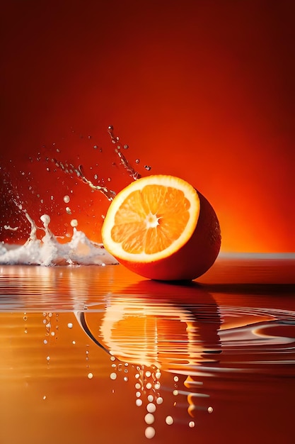 Eine Orange steht vor einem Wasserspritzer und ist halb orange.