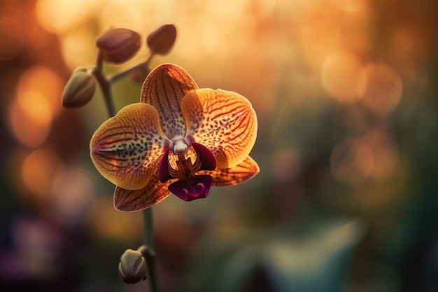 Eine orange und braune Orchideenblume mit dem Wort Orchidee auf ihr