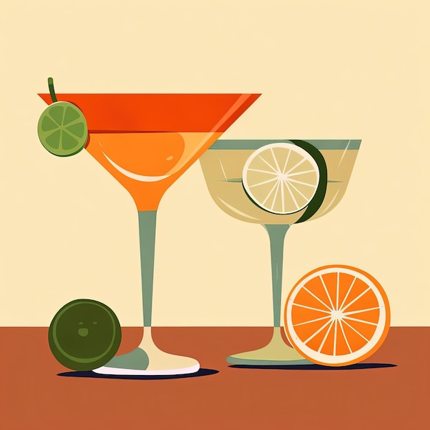 eine Orange und eine Limette neben einem Martini im Stil flacher Illustrationen