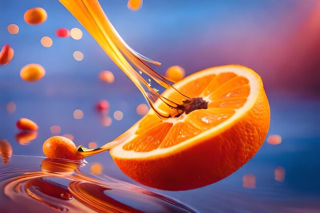 Eine Orange wird in Scheiben geschnitten und unten rechts steht das Wort Orange