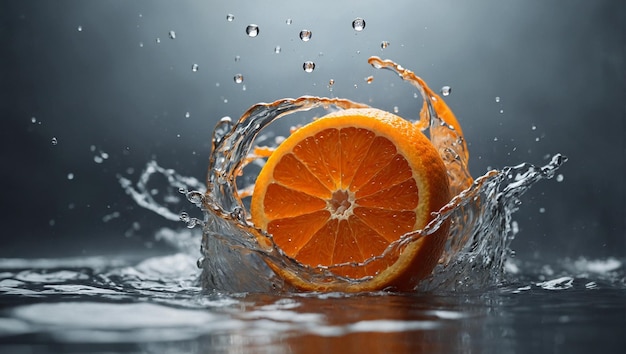 eine Orange wird mit einem Spritzer Wasser in Wasser gespritzt