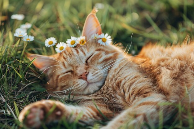 Eine orangefarbene Katze auf dem Rasen mit Blumen im Haar