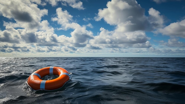 Eine orangefarbene Rettungsboje schwebt auf dem offenen Meer und symbolisiert Sicherheit und Hoffnung unter dem weiten Himmel