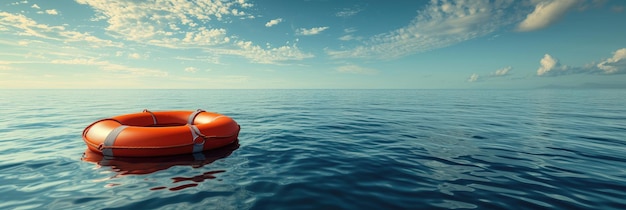Eine orangefarbene Rettungsboje treibt über das weite Meer.