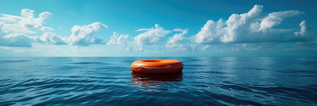 Eine orangefarbene Rettungsboje treibt über das weite Meer.