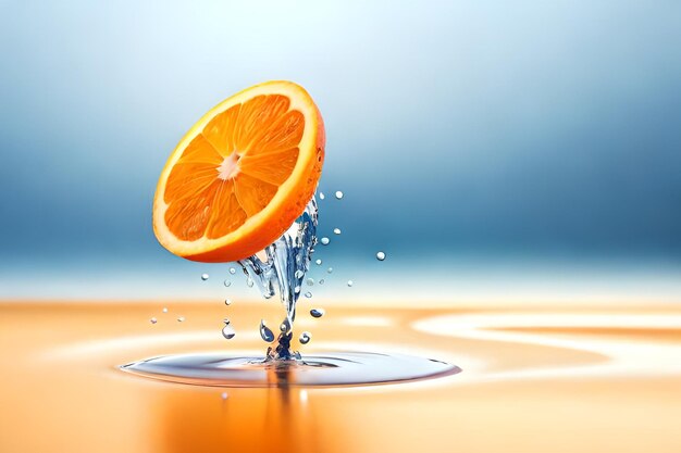 Eine Orangenscheibe wird in einen Wassertropfen geworfen