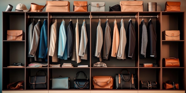 Eine ordentlich organisierte Garderobe mit einer Reihe von KI-generativen Business-Kleidungsstücken