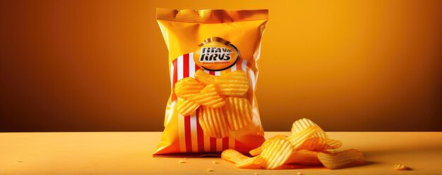 Eine Packung Kartoffelchips auf gelbem, hellem Hintergrund. Generative KI