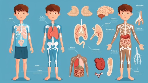 Foto eine pädagogische anatomie-körperorgankarte für kinder illustration eines muskulösen skelett-zirkulations-nervensystems und des verdauungssystems eines cartoon-kinders