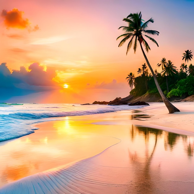 Eine Palme am Strand bei Sonnenuntergang