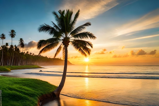 Eine Palme am Strand bei Sonnenuntergang