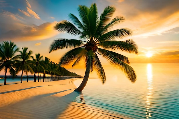 Eine Palme am Strand bei Sonnenuntergang