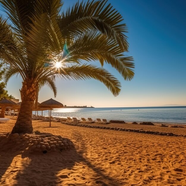 Eine Palme am Strand, durch deren Blätter die Sonne scheint