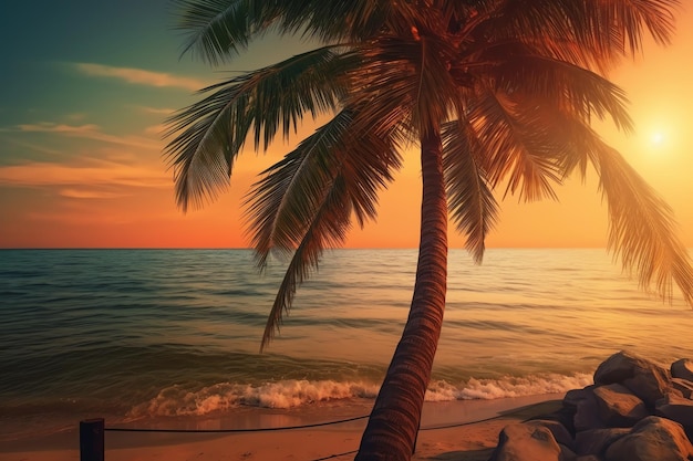 Eine Palme am Strand, hinter der die Sonne untergeht
