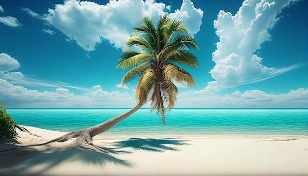 Eine Palme an einem Strand mit blauem Himmel und Wolken