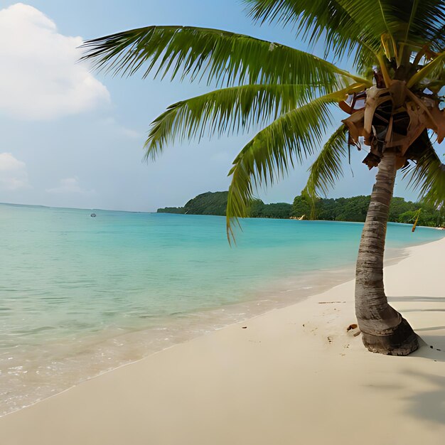eine Palme an einem Strand mit blauem Wasser und einem Himmel als Hintergrund