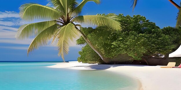 Eine Palme an einem Strand mit einem blauen Himmel im Hintergrund