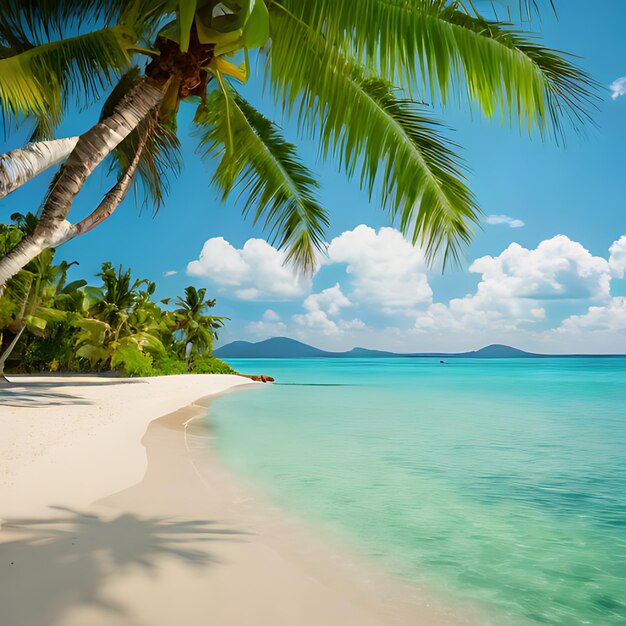 eine Palme an einem Strand mit einem Boot im Hintergrund