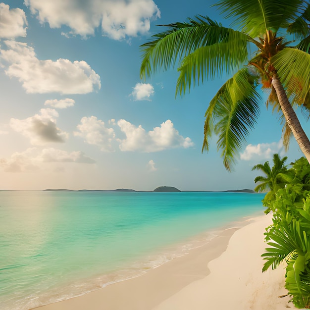 Foto eine palme an einem strand mit einem himmel als hintergrund