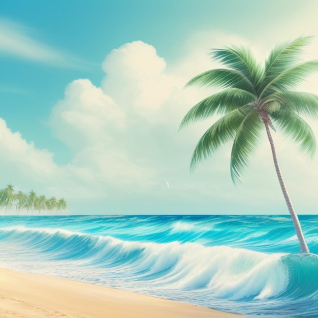 eine Palme ist am Strand und der Ozean ist in einer Aquarell gemalt