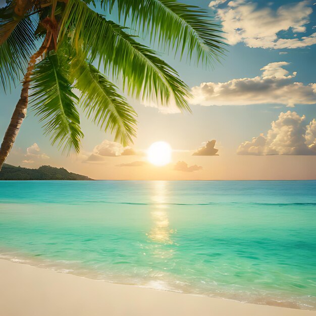 eine Palme ist am Strand und die Sonne scheint am Horizont