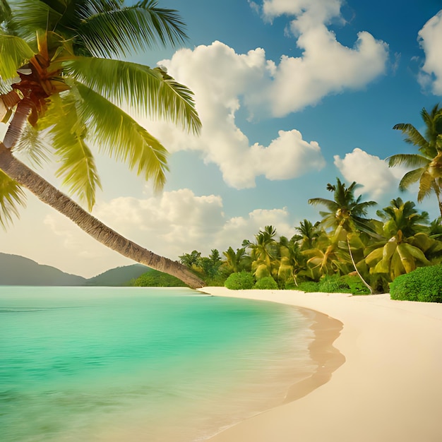 Foto eine palme ist an einem strand mit blauem himmel und wolken im hintergrund