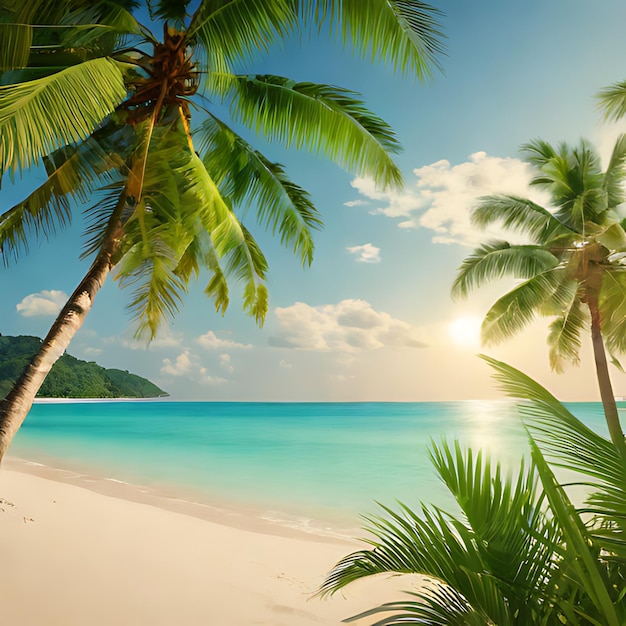 Foto eine palme liegt am strand und die sonne geht unter