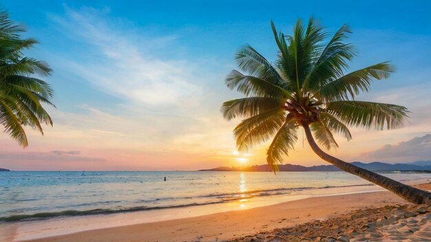 eine Palme liegt am Strand und die Sonne geht unter