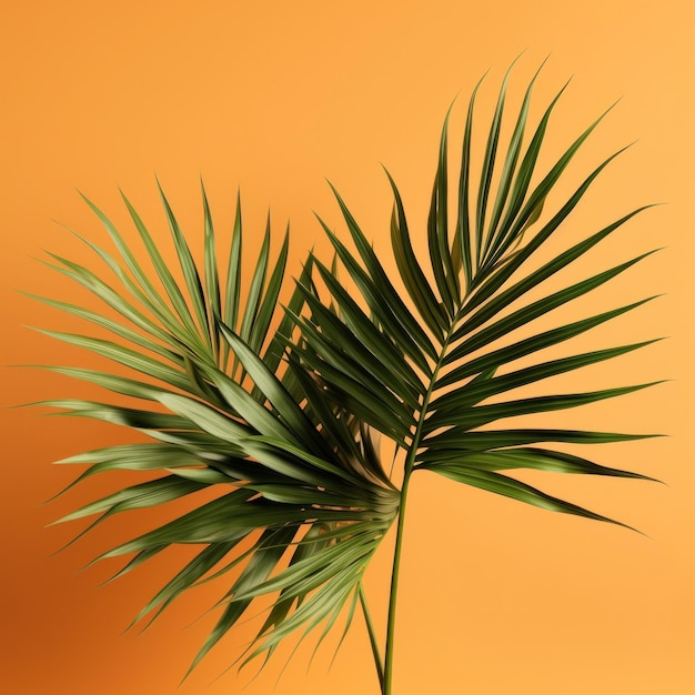 Eine Palme mit grünen Blättern und orangefarbenem Hintergrund.