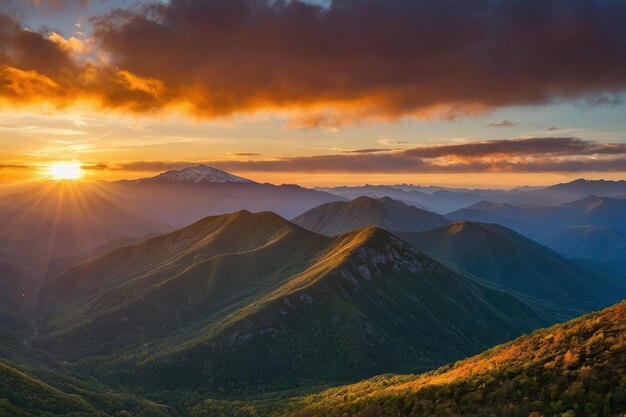eine Panoramaaufnahme eines lebendigen Sonnenaufgangs über einer ruhigen Bergkette