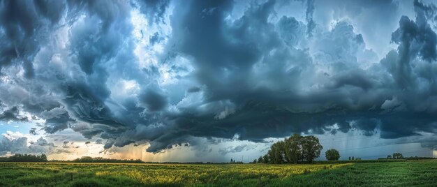 Eine Panoramaaufnahme eines riesigen grünen Feldes unter der drohenden Präsenz dramatischer Sturmwolken, die den Kontrast der Natur hervorheben