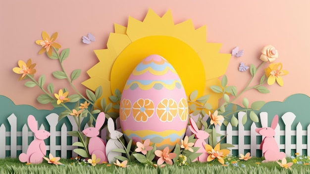 Eine Papierschnitt-Osterszene mit einem Easter-Eierhase, Sonne und Blumen