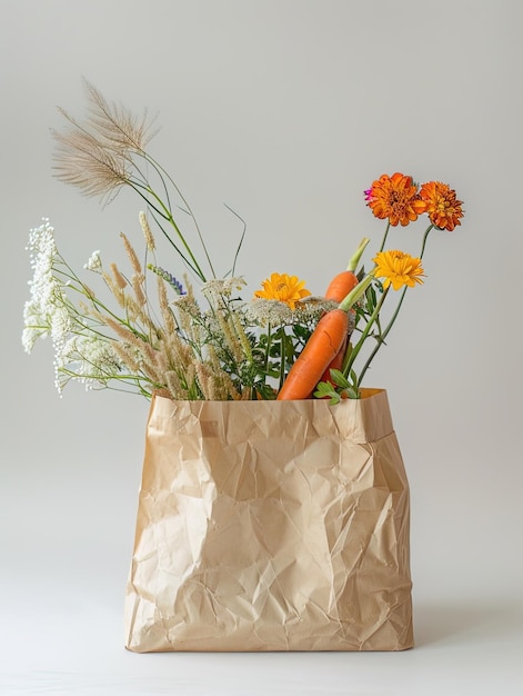 Eine Papiertüte mit Blumen, Mais und Karotten auf einem weißen Hintergrund in einem minimalistischen Stil