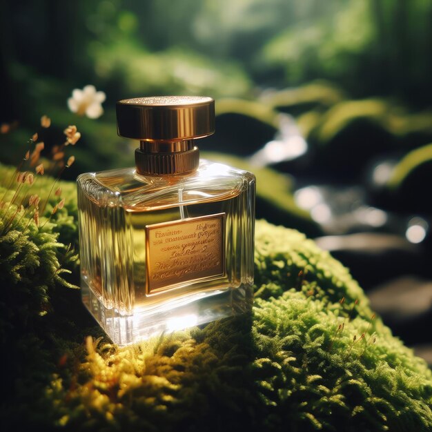 Foto eine parfümflasche auf einem mit moos bedeckten felsen, der von natürlichem licht beleuchtet wird