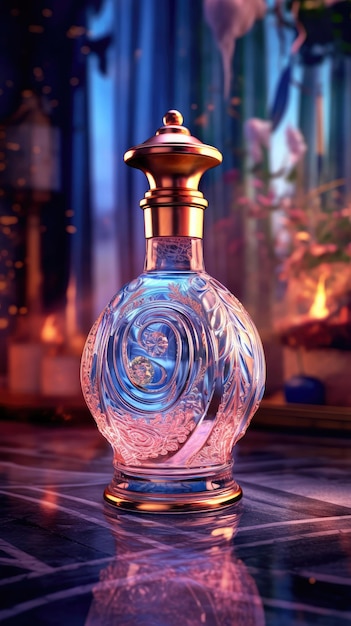 Eine Parfümflasche mit blauem Hintergrund und einem Feuer im Hintergrund.